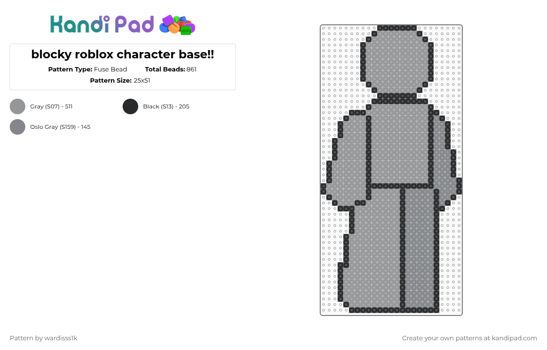 blocky roblox character base!! - Fuse Bead Pattern by evylburgg on Kandi Pad - gray,roblox,base,reference,blocky base,charm