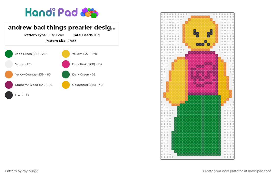 andrew bad things prearler designgnghj - Fuse Bead Pattern by evylburgg on Kandi Pad - green,andrew,andrew bad things,bad things,bad things roblox
