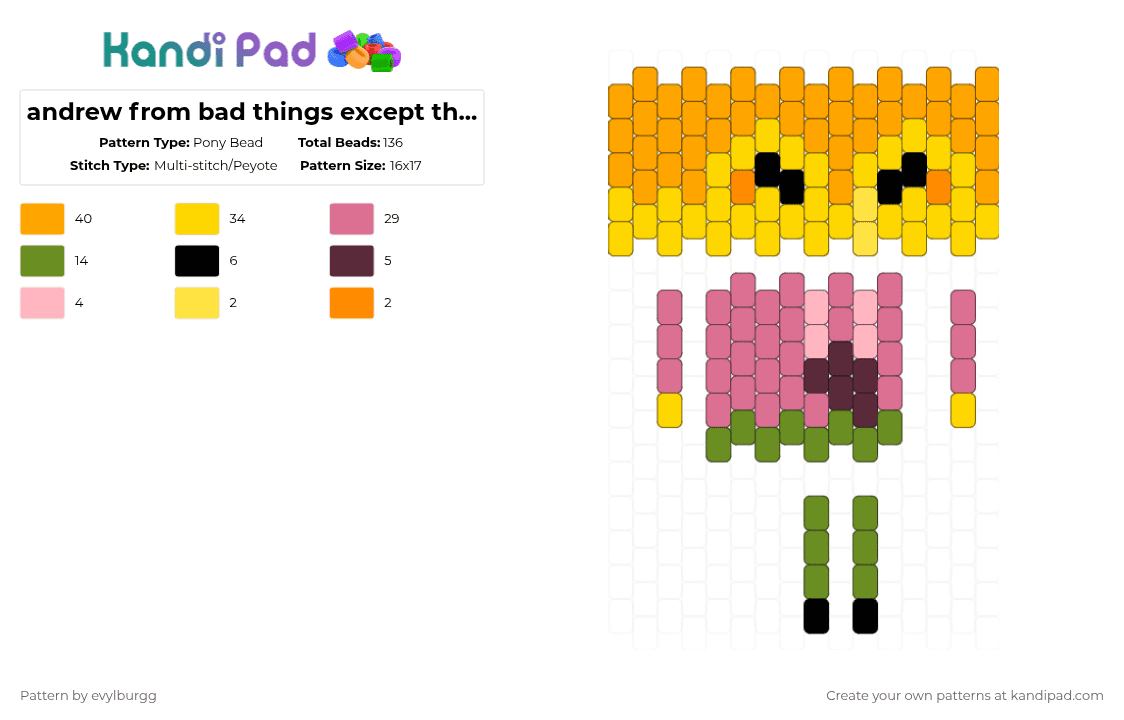 andrew from bad things except they have my headcanons - Pony Bead Pattern by evylburgg on Kandi Pad - orange,yellow,pink,andrew,andrew bad things,bad things,bad things roblox,roblox,doll