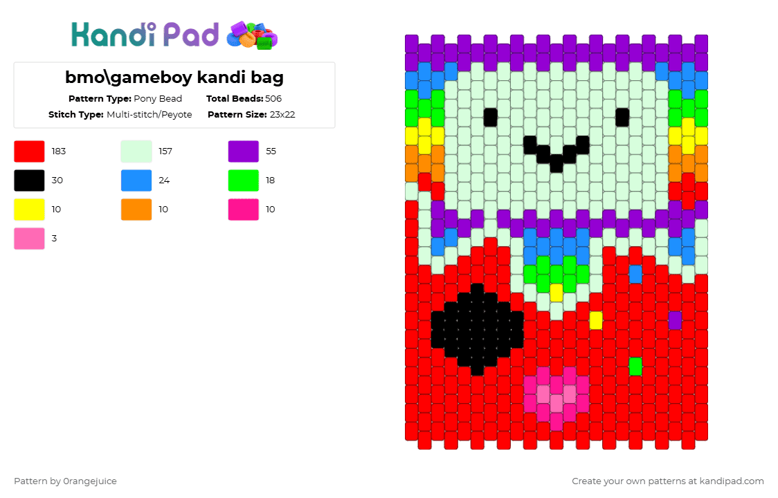 bmo\\gameboy kandi bag - Pony Bead Pattern by 0rangejuice on Kandi Pad - bmo,nintendo,console,video game,cartoon,tv show,rainbow,gaming,colorful,red,purple,bag,adventure time,kandi,gameboy