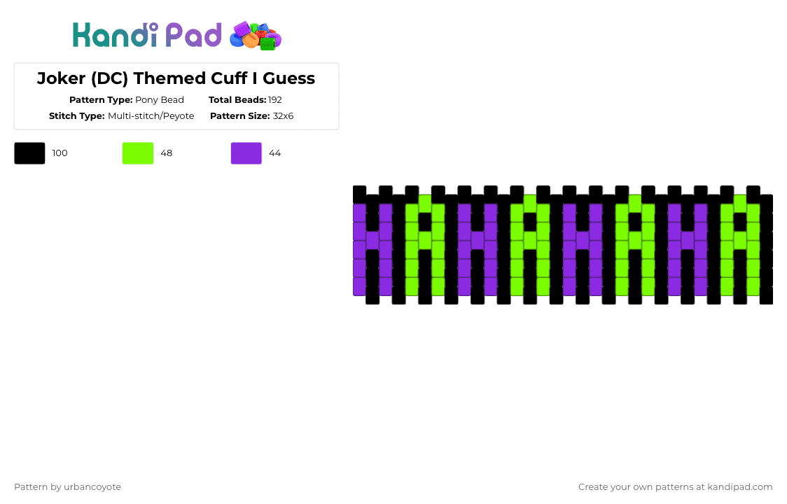 Joker (DC) Themed Cuff I Guess - Pony Bead Pattern by urbancoyote on Kandi Pad - hahahaha,batman,cuff,comic book,villain,multistitch,character,movie,purple,green,black,joker,dc