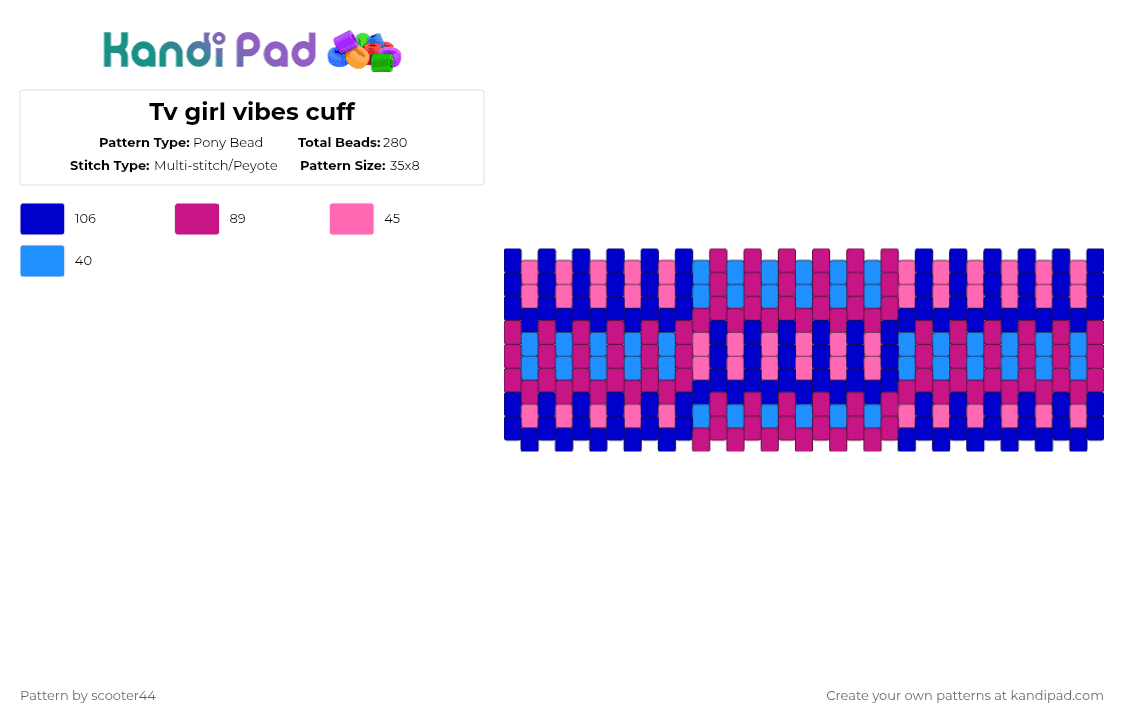 Tv girl vibes cuff - Pony Bead Pattern by scooter44 on Kandi Pad - tv girl,stripes,singer,song,music,purple,pink,blue,cuff,band,indie,vibe