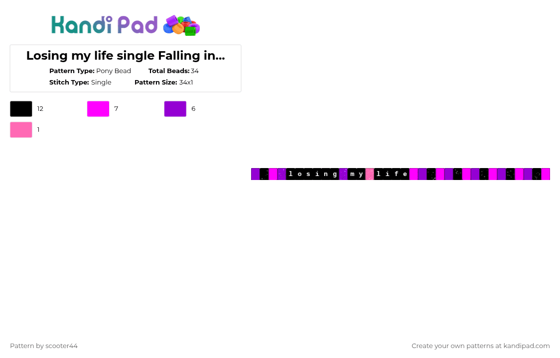 Losing my life single Falling in reverse - Pony Bead Pattern by scooter44 on Kandi Pad - purple,pink,falling in reverse,ronnie radke,losing my life,black,popular,easy