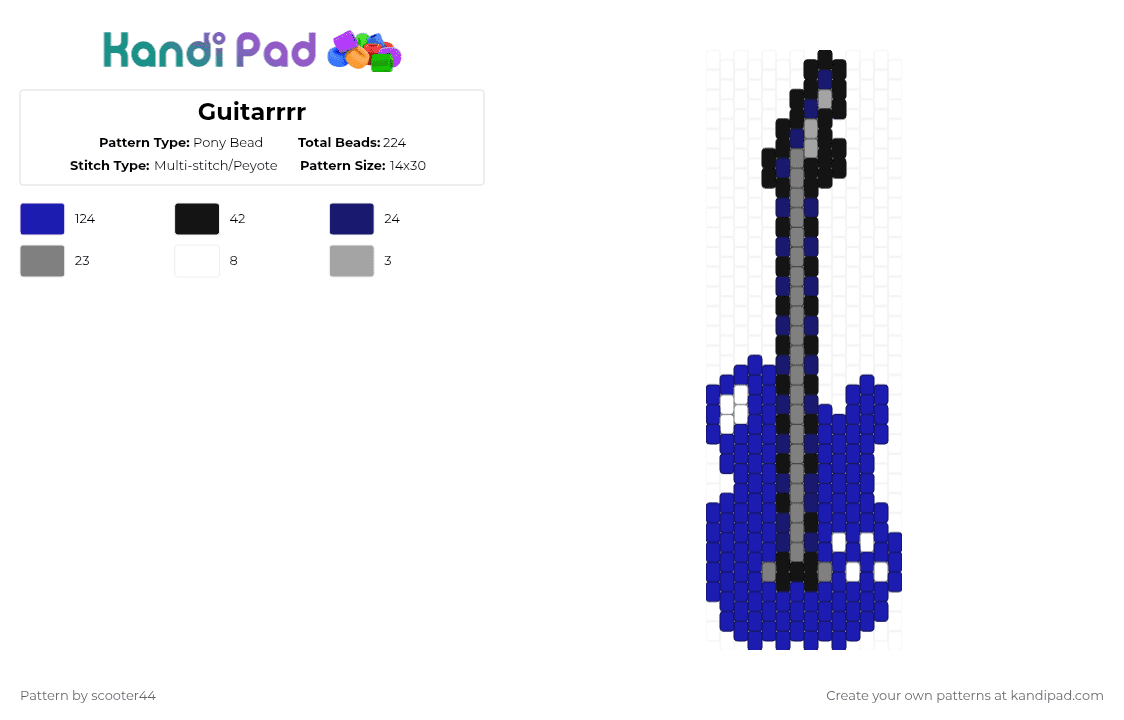 Guitarrrr - Pony Bead Pattern by scooter44 on Kandi Pad - purple,guitars,cute,popular,blue,charm,easy,white,grey