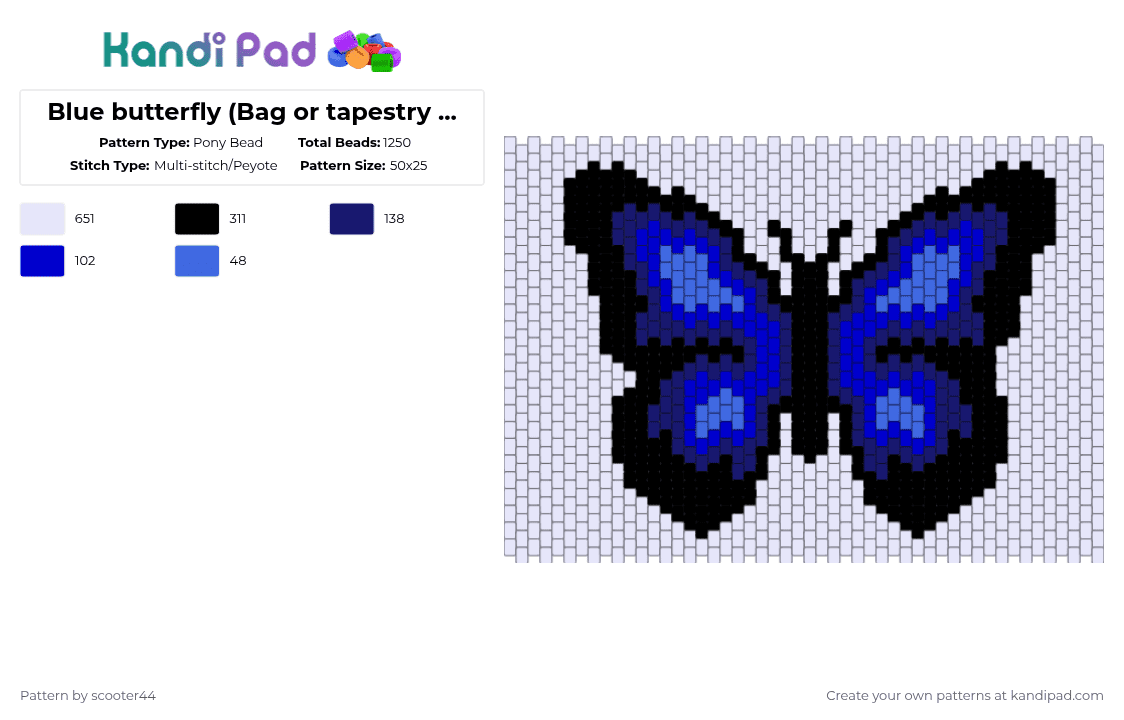 Blue butterfly (Bag or tapestry if you want) - Pony Bead Pattern by scooter44 on Kandi Pad - white,purple,butterfly,blue,bag,tapestry