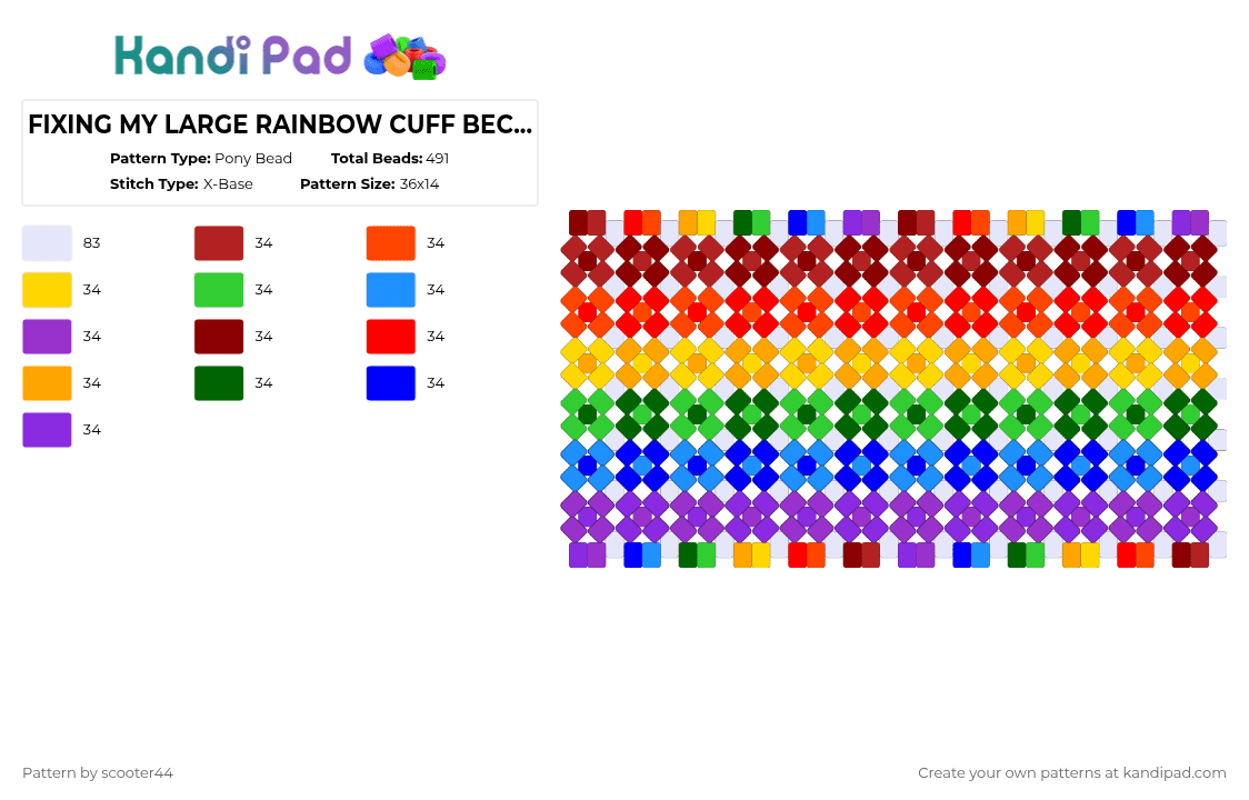 FIXING MY LARGE RAINBOW CUFF BECAUSE I MESSED IT UPPP - Pony Bead Pattern by scooter44 on Kandi Pad - red,green,purple,large,popular,orange,yellow,blue