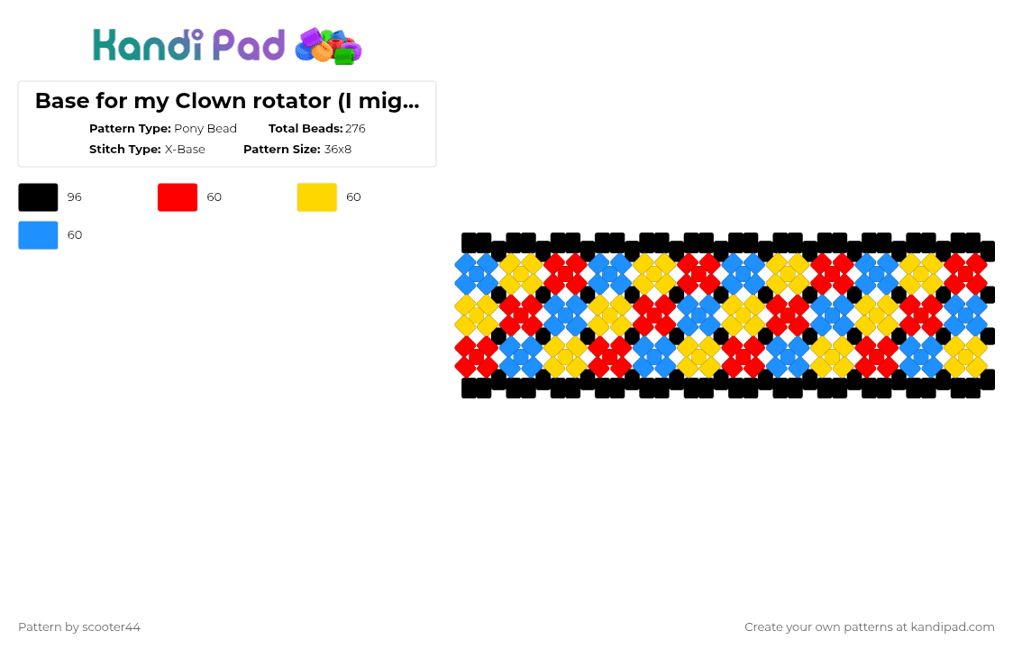 Base for my Clown rotator (I might make the other parts in a weird way sorry) - Pony Bead Pattern by scooter44 on Kandi Pad - red,yellow,light blue,clown,primary colors,rotator,base,xbase,kandi,cuff,rave