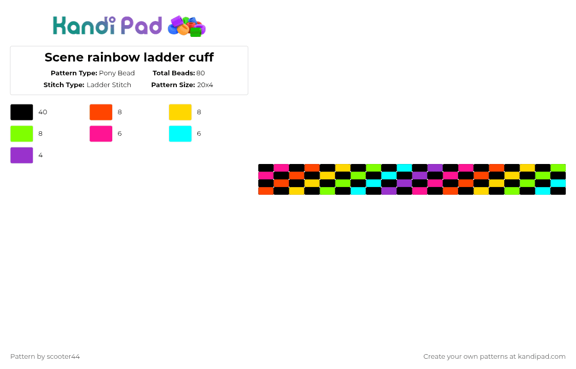 Scene rainbow ladder cuff - Pony Bead Pattern by scooter44 on Kandi Pad - black,red,yellow,green,scene,rainbow,pink,orange,blue,purple