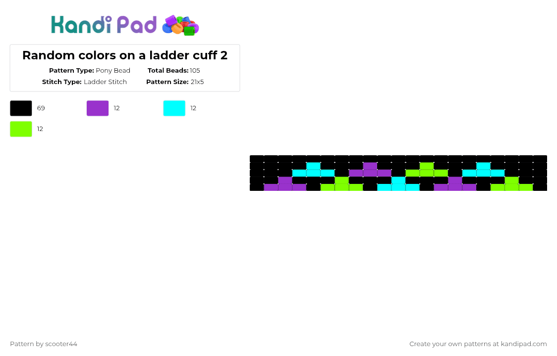 Random colors on a ladder cuff 2 - Pony Bead Pattern by scooter44 on Kandi Pad - black,purple,light blue,green,cotdmazes,tetris,game,ladder,blue