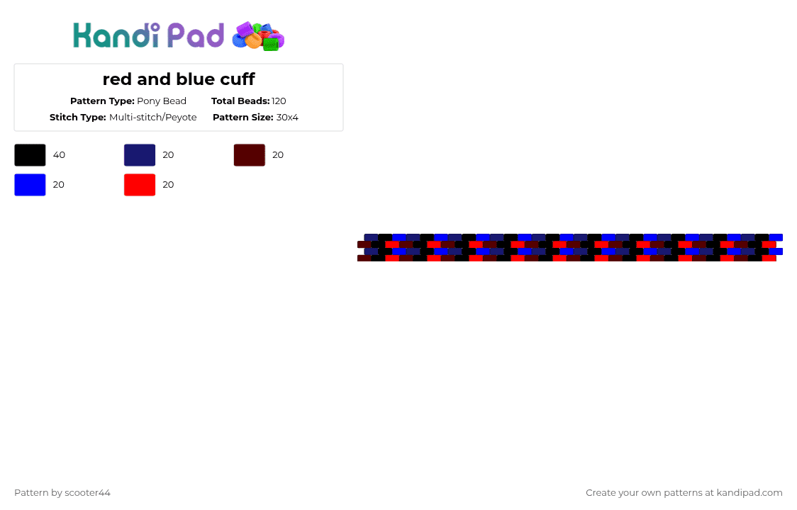 red and blue cuff - Pony Bead Pattern by scooter44 on Kandi Pad - purple,red,blue,dark,bright,popular,cool,easy,epic