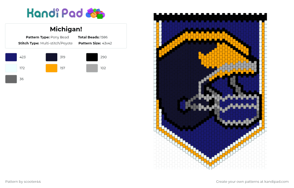 Michigan! - Pony Bead Pattern by scooter44 on Kandi Pad - orange,purple,michigan,football,wolverines,yellow,blue,navy,banner,sports