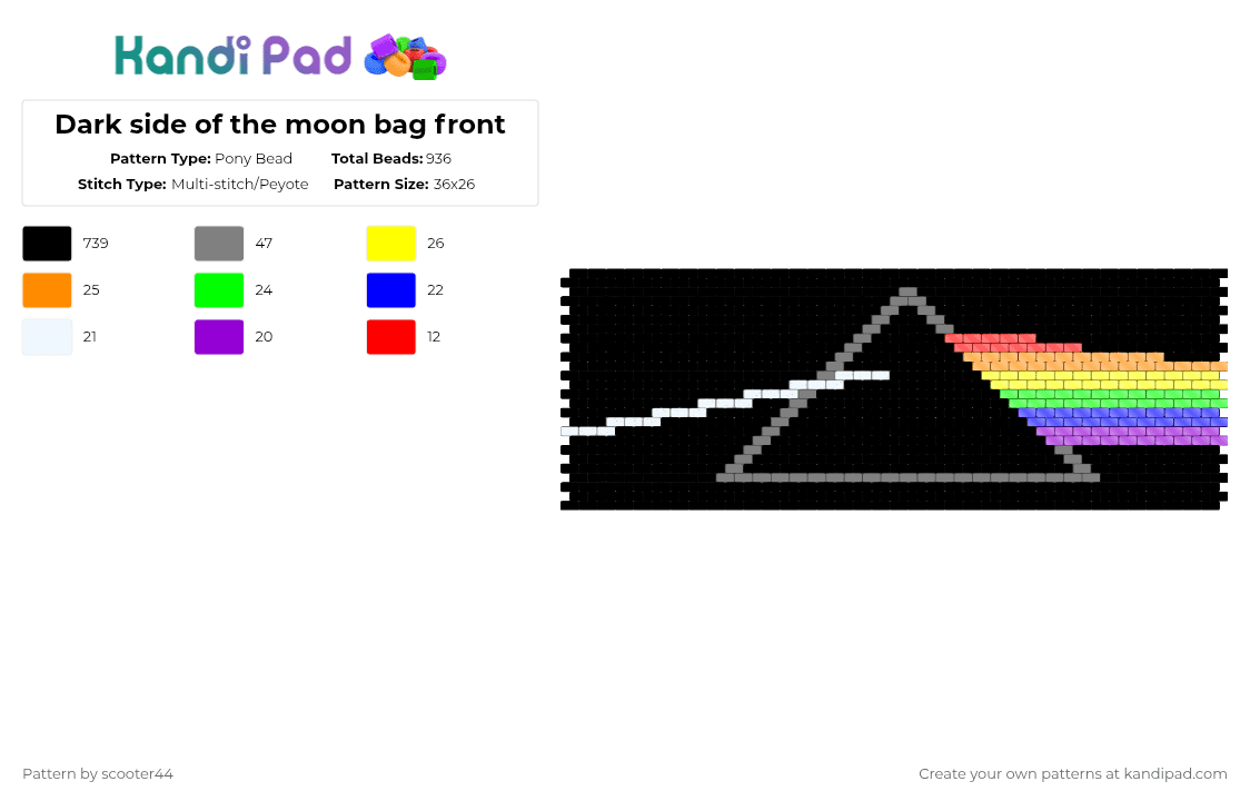 Dark side of the moon bag front - Pony Bead Pattern by scooter44 on Kandi Pad - album,music,colorful,black,gray,purple,pink floyd,bag,front panel,rock,rainbow,dark side of the moon