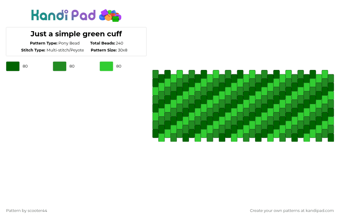 Just a simple green cuff - Pony Bead Pattern by scooter44 on Kandi Pad - green,cuff,light,dark,easy,popular,cute,nature