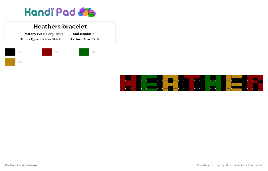 Heathers bracelet - Pony Bead Pattern by scooter44 on Kandi Pad - red,heathers,stoplight,yellow,green,duke,mcnamara,chandler