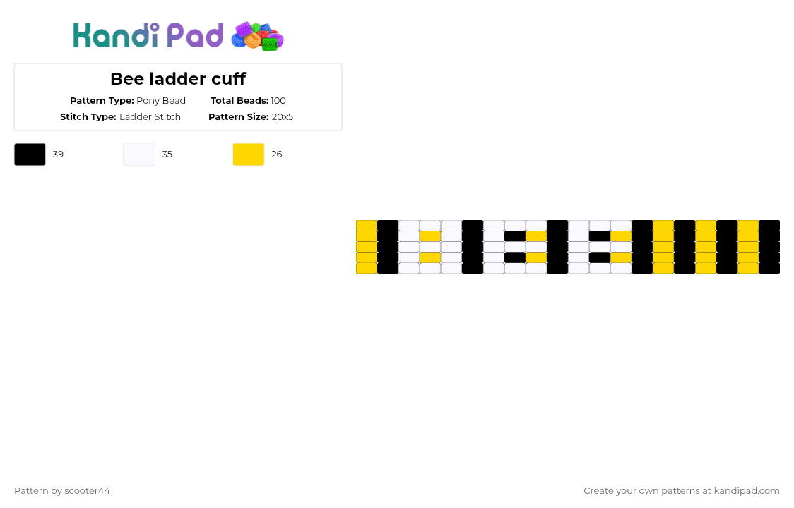 Bee ladder cuff - Pony Bead Pattern by scooter44 on Kandi Pad - white,yellow,cotdbees,bees,black,ladder cuff,cuff,animal,fauna