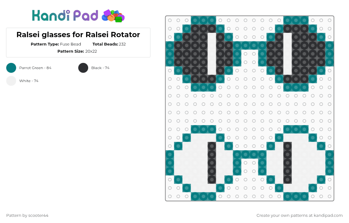 Ralsei glasses for Ralsei Rotator - Fuse Bead Pattern by scooter44 on Kandi Pad - teal,white,deltarune,ralsei,pearler,character,game,cute,glasses