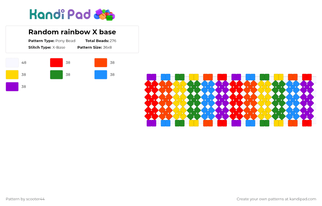 Random rainbow X base - Pony Bead Pattern by scooter44 on Kandi Pad - red,cotdmemphisdesign,rainbow,xbase,colorful,cuff,bright,fun,base