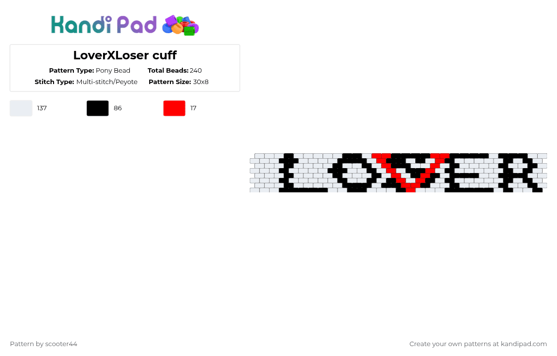 LoverXLoser cuff - Pony Bead Pattern by scooter44 on Kandi Pad - white,cotdmelody,red,black,popular,cuff,cool