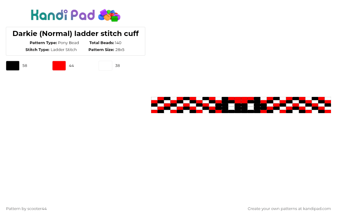 Darkie (Normal) ladder stitch cuff - Pony Bead Pattern by scooter44 on Kandi Pad - white,red,cotdgrunge,lildarkie,rap,brahman,ladderstitch,cool,rave,cuff