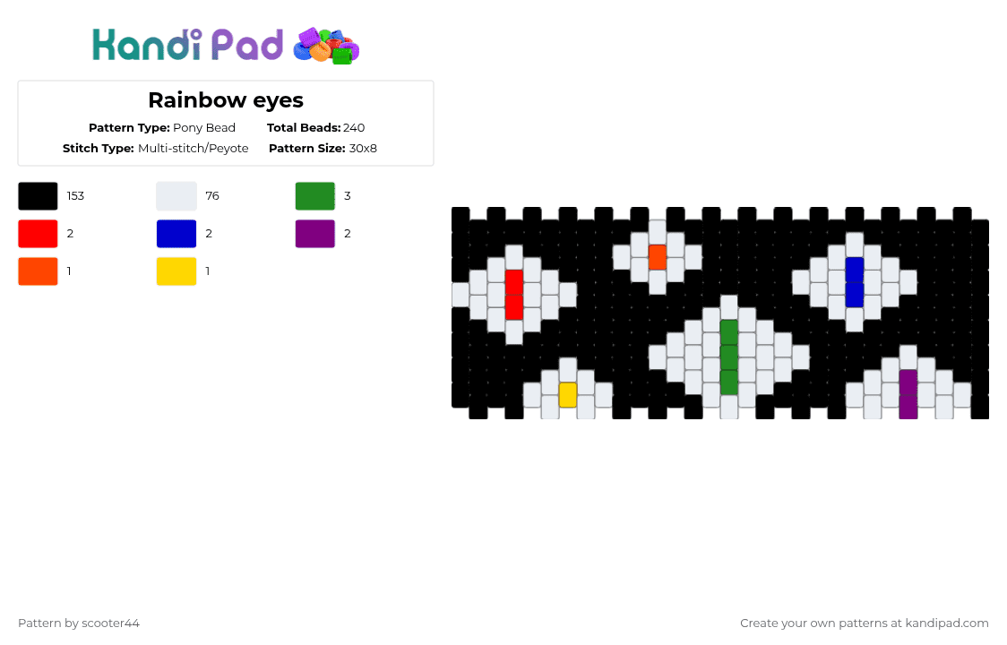 Rainbow eyes - Pony Bead Pattern by scooter44 on Kandi Pad - black,white,red,green,orange,yellow,blue,purple,rainbow,eyes