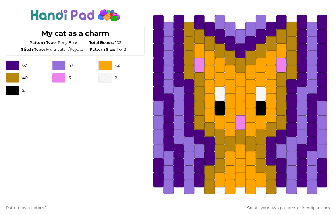 My cat as a charm - Pony Bead Pattern by scooter44 on Kandi Pad - purple,kitty,cat,yellow,charm,cute,popular