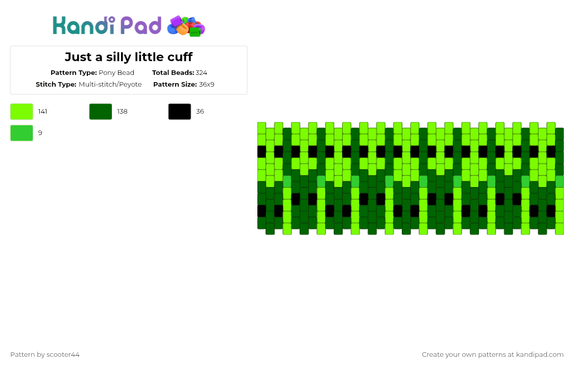 Just a silly little cuff - Pony Bead Pattern by scooter44 on Kandi Pad - green,alien,cuff,monster,rave,bright,cotdmemphisdesign
