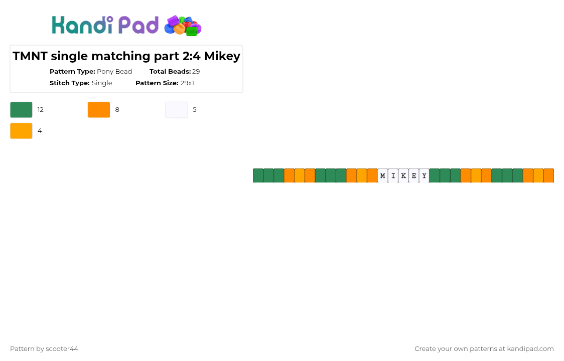 TMNT single matching part 2:4 Mikey - Pony Bead Pattern by scooter44 on Kandi Pad - green,orange,tmnt,character,show,cartoon,turtle,mikey