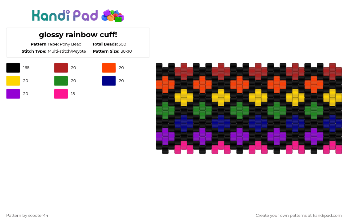 glossy rainbow cuff! - Pony Bead Pattern by scooter44 on Kandi Pad - black,red,purple,cotdglossy,orange,yellow,green,blue,popular