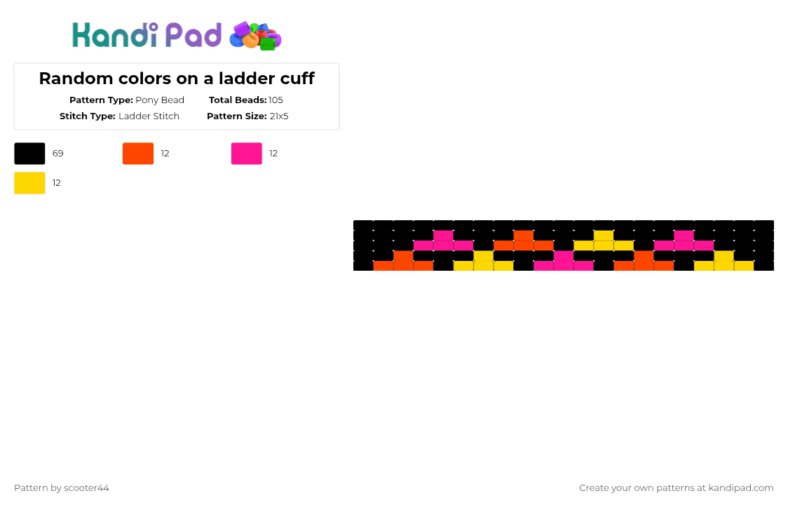 Random colors on a ladder cuff - Pony Bead Pattern by scooter44 on Kandi Pad - black,red,pink,yellow,cotdmazes,orange,tetris,game,ladder