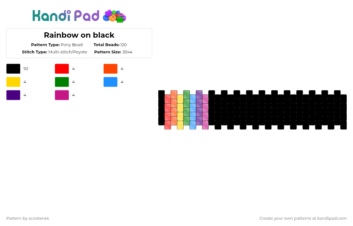 Rainbow on black - Pony Bead Pattern by scooter44 on Kandi Pad - black,red,rainbow,orange,yellow,green,blue,purple