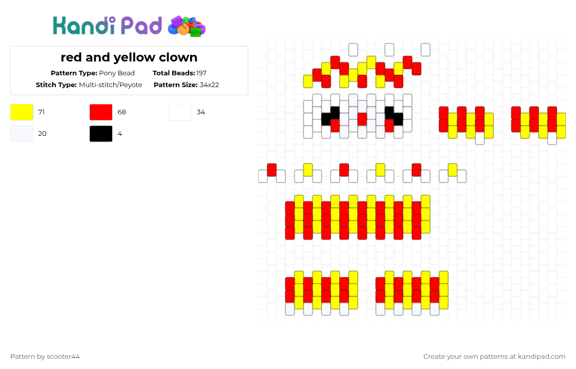 red and yellow clown - Pony Bead Pattern by scooter44 on Kandi Pad - red,yellow