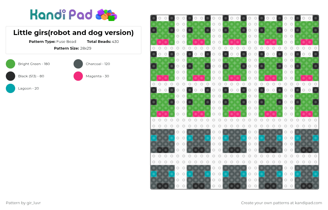 Little girs(robot and dog version) - Fuse Bead Pattern by gir_luvr on Kandi Pad - gir,invader zim,robot,character,simple,heads,dog,cartoon,nickelodeon,animation,tv show,animal,green,pink
