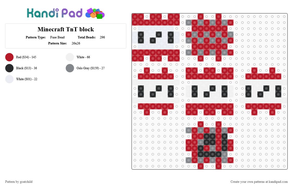 Minecraft TnT block - Fuse Bead Pattern by goatchild on Kandi Pad - red