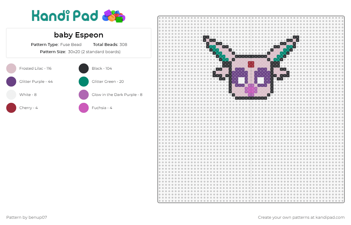 baby Espeon - Fuse Bead Pattern by benup07 on Kandi Pad - espeon,pokemon,adorable,playful,trainers,fans,magical creatures,purple,lavender
