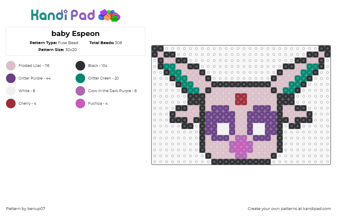 baby Espeon - Fuse Bead Pattern by benup07 on Kandi Pad - espeon,pokemon,adorable,playful,trainers,magical creatures,purple,lavender