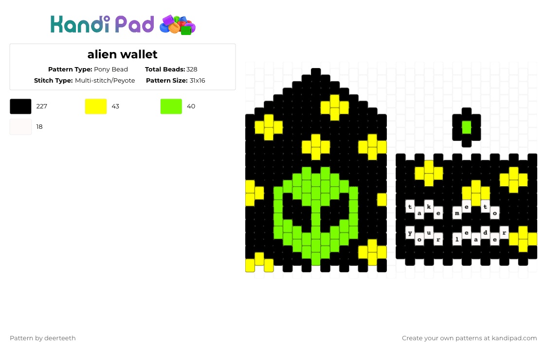 alien wallet - Pony Bead Pattern by deerteeth on Kandi Pad - black,yellow,green,alien,space
