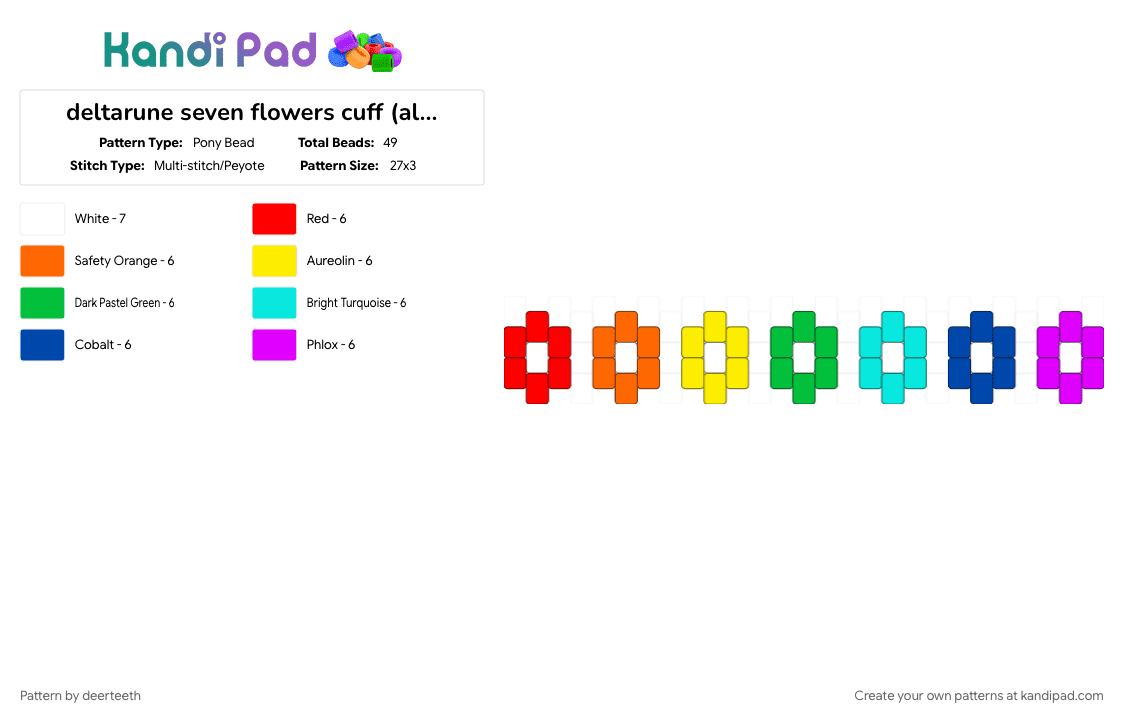 deltarune seven flowers cuff (alternate version) - Pony Bead Pattern by deerteeth on Kandi Pad - blue, colorful, green, orange