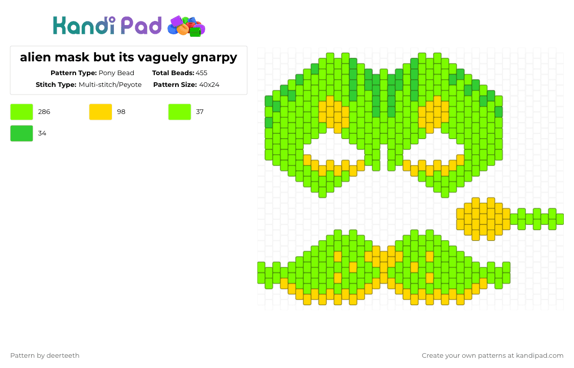 alien mask but its vaguely gnarpy - Pony Bead Pattern by deerteeth on Kandi Pad - green