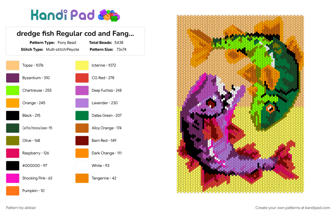 dredge fish Regular cod and Fanged cod - Pony Bead Pattern by alistair on Kandi Pad - dredge, fish, orange, pink, video game, yellow