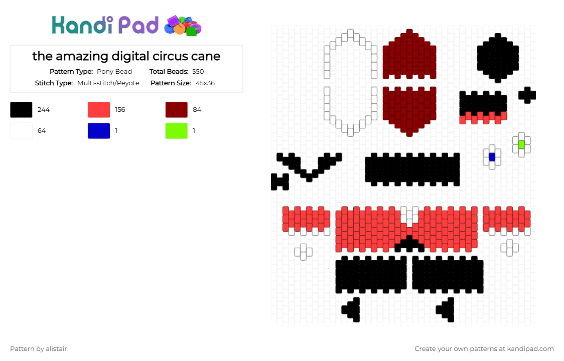 the amazing digital circus cane - Pony Bead Pattern by alistair on Kandi Pad - red
