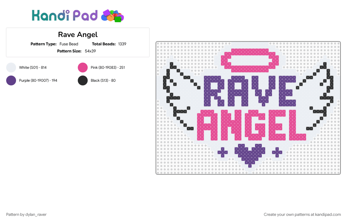 Rave Angel - Fuse Bead Pattern by dylan_raver on Kandi Pad - angel, love, pink, purple, rave, white