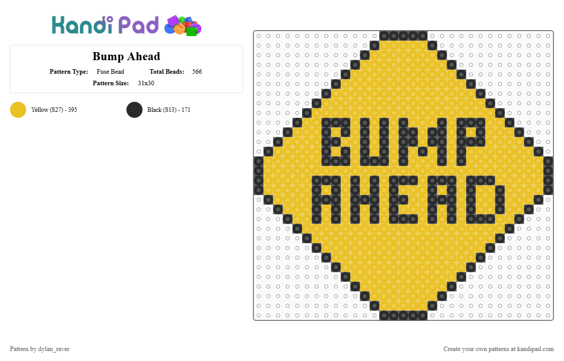 Bump Ahead - Fuse Bead Pattern by dylan_raver on Kandi Pad - black, bump, rave, sign, yellow