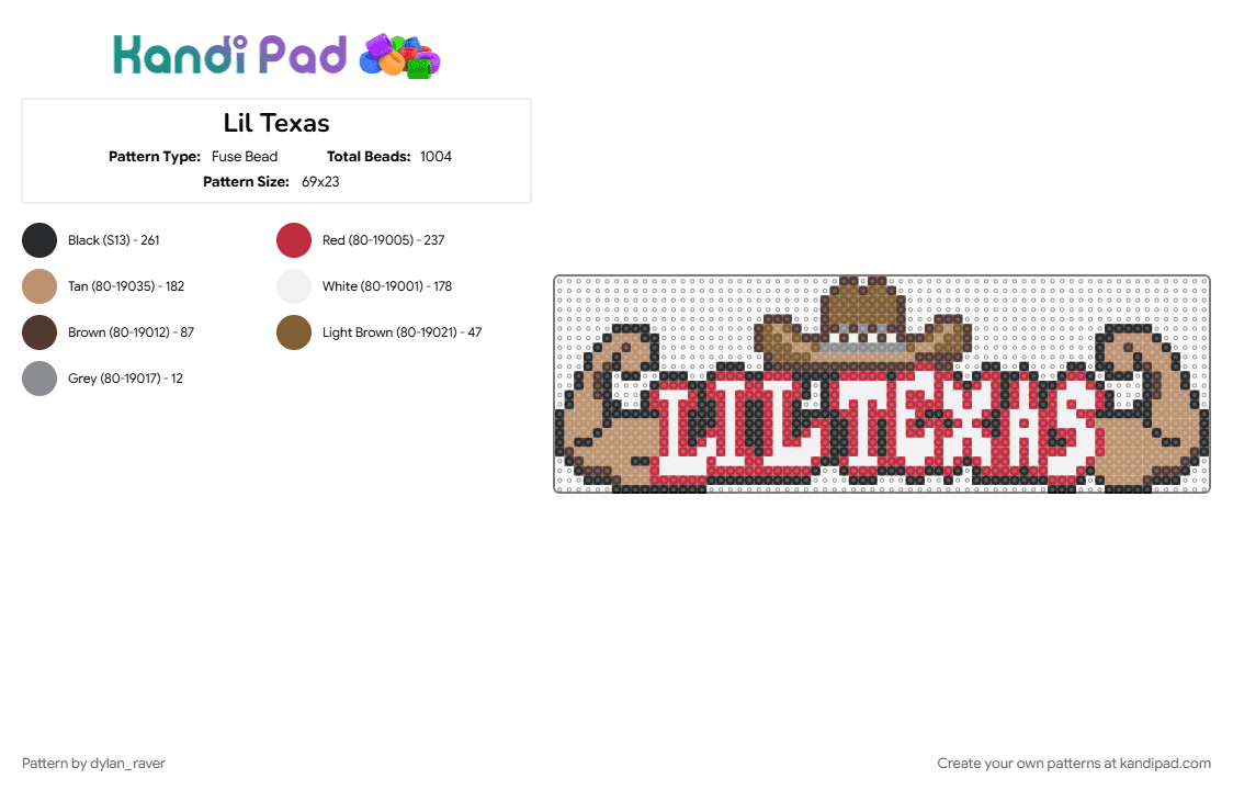 Lil Texas - Fuse Bead Pattern by dylan_raver on Kandi Pad - beige, hardstyle, liltexas, pump, rave, red