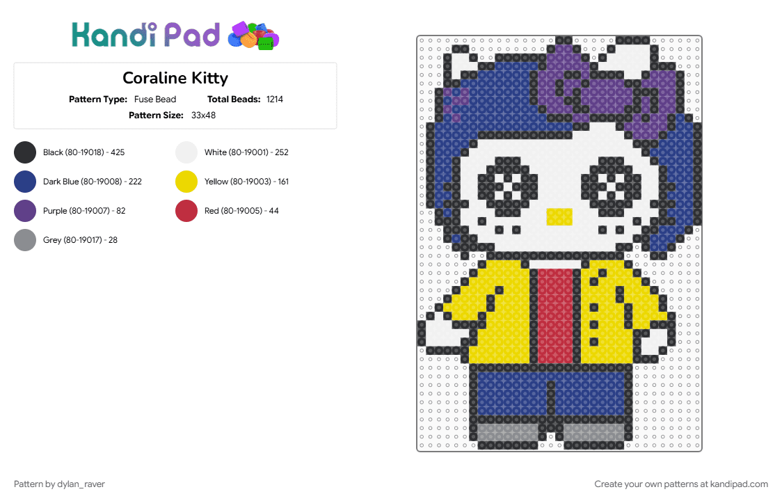 Coraline Kitty - Fuse Bead Pattern by dylan_raver on Kandi Pad - blue, yellow