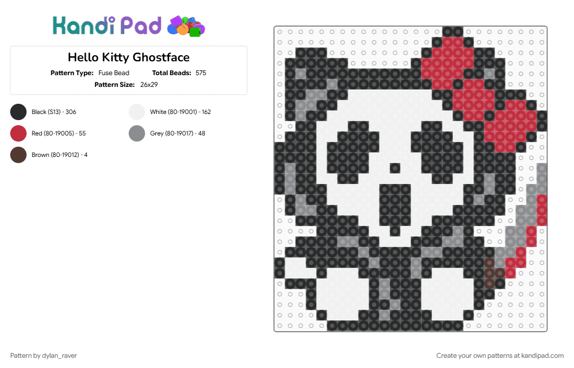 Hello Kitty Ghostface - Fuse Bead Pattern by dylan_raver on Kandi Pad - black, gray, red, white