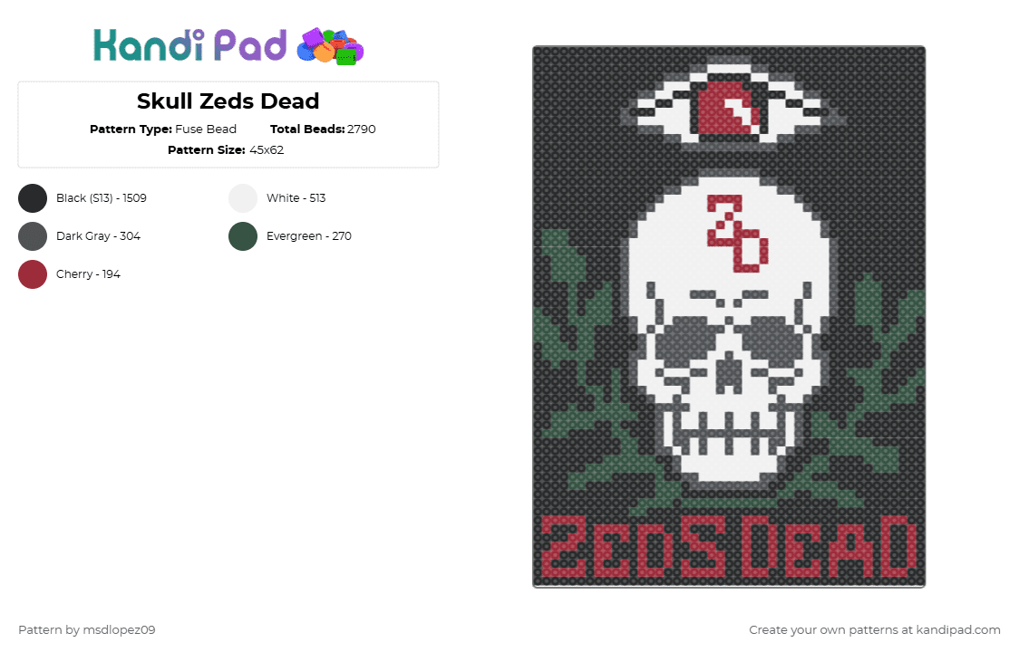 Skull Zeds Dead - Fuse Bead Pattern by msdlopez09 on Kandi Pad - zeds dead,dj,edm,music,poster,skull,eye,album art,halloween,spooky,black,gray,tattoo
