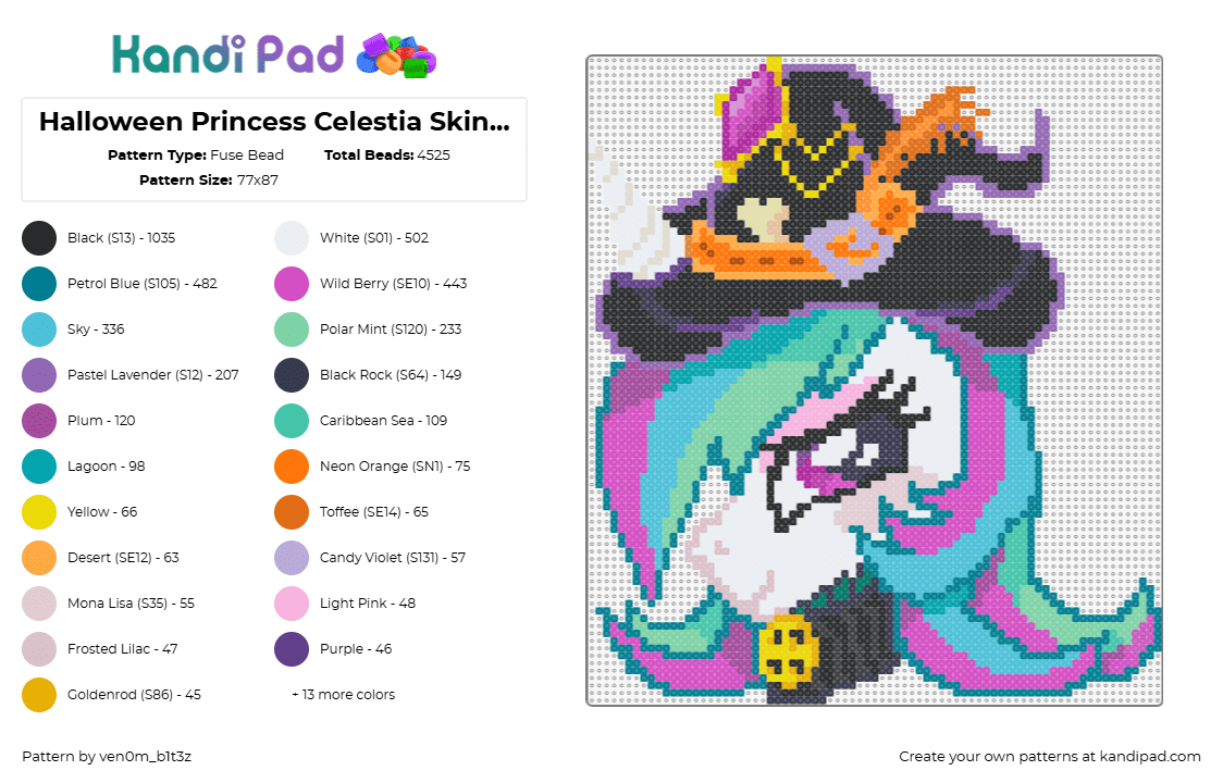 Halloween Princess Celestia Skin (medium size project) - Fuse Bead Pattern by ven0m_b1t3z on Kandi Pad - princess celestia,mlp,my little pony,costume,halloween,character,witch,teal,purple,pink,black