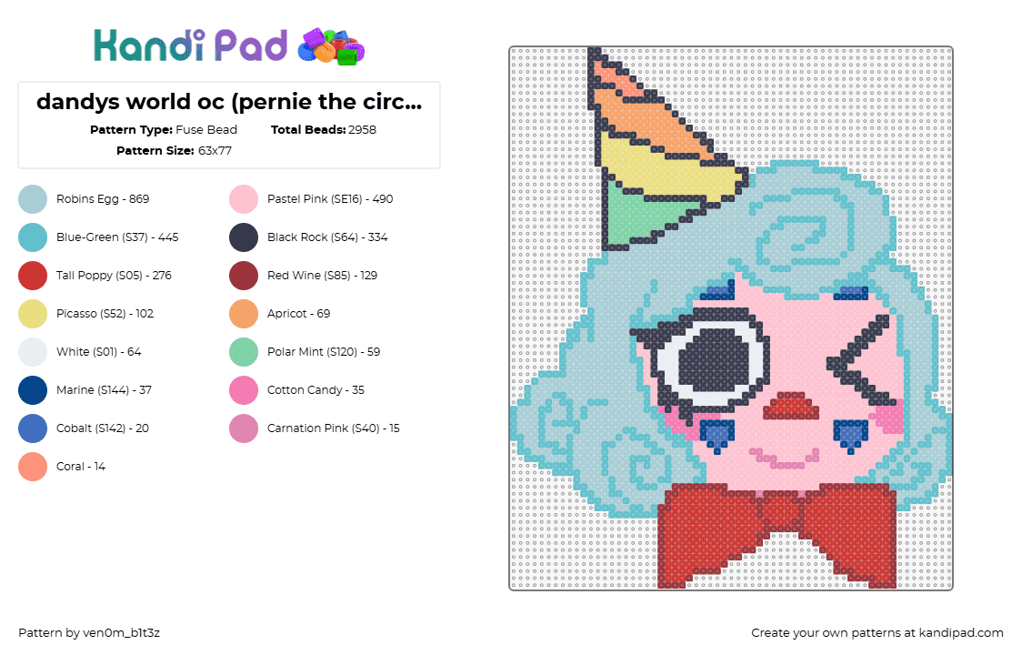 dandys world oc (pernie the circus clown!) - Fuse Bead Pattern by ven0m_b1t3z on Kandi Pad - pernie,clown,circus,dandys world,roblox,character,head,party,hat,bow,video game,colorful,light blue,pink,red