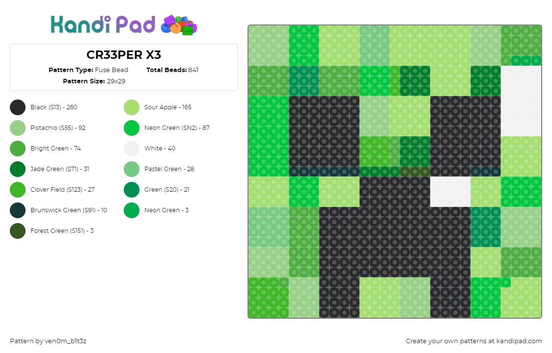 CR33PER X3 - Fuse Bead Pattern by ven0m_b1t3z on Kandi Pad - creeper,minecraft,face,block,video game,green,black