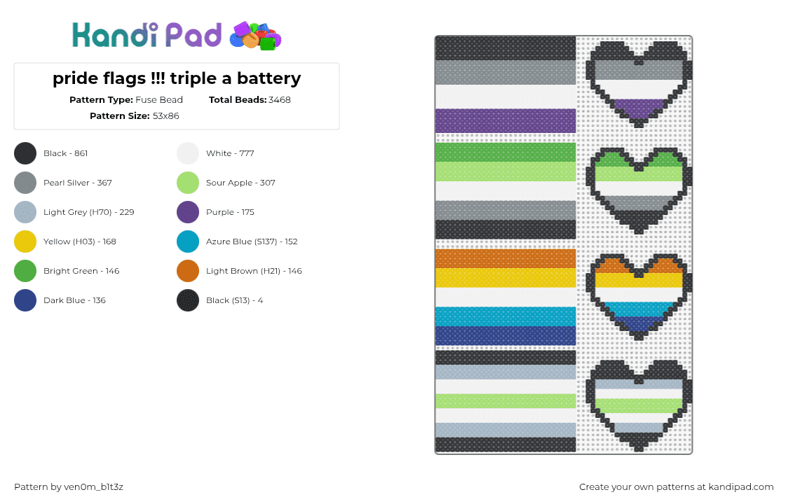 pride flags !!! triple a battery - Fuse Bead Pattern by ven0m_b1t3z on Kandi Pad - aromantic,asexual,agender,aroace,pride,flags,hearts,colorful,gray,green,orange